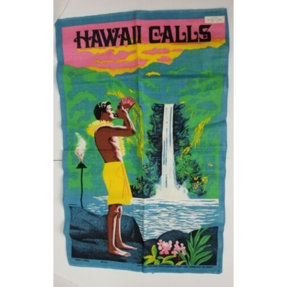 NEW Hawaii Calls Bo-Ka Irish Linen Tea Towel Vintage 1950 man conch shell